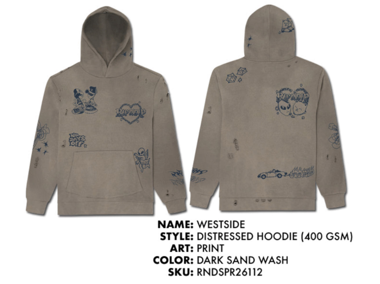 HOODIE WESTSIDE DISTRESSED (DARK SAND WASH)