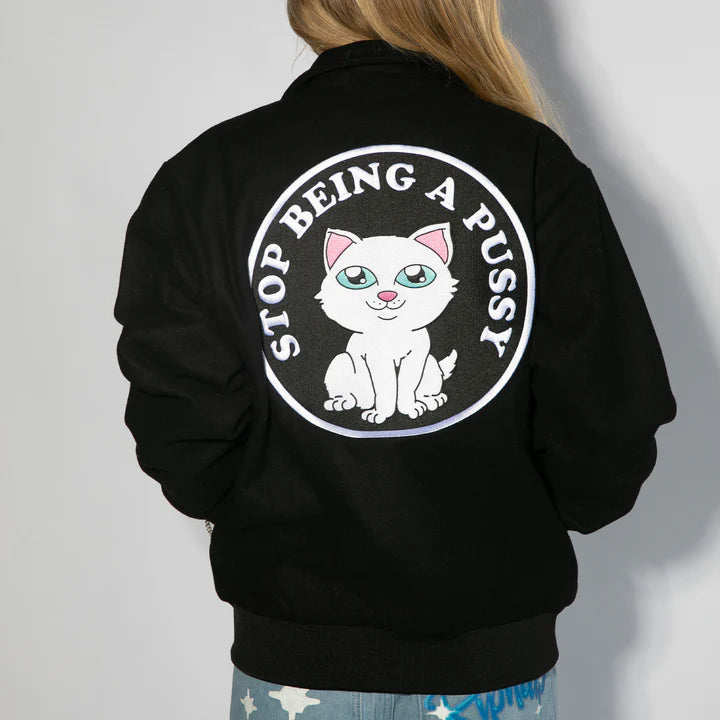 STOP BEING A PUSSY VARSITY JACKET (BLACK)