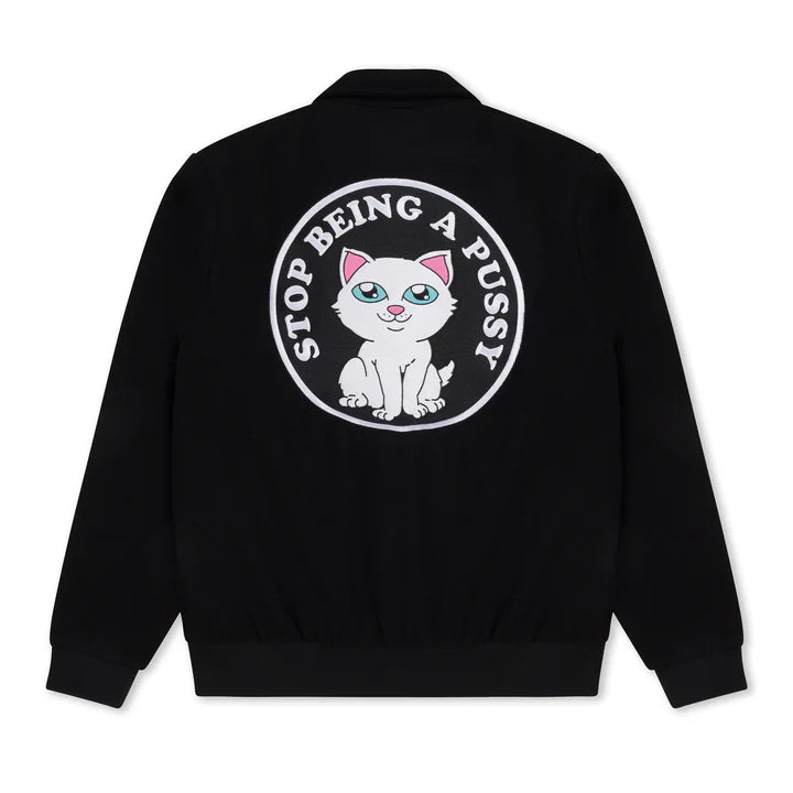 STOP BEING A PUSSY VARSITY JACKET (BLACK)