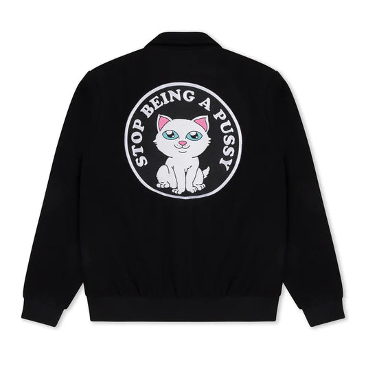 STOP BEING A PUSSY VARSITY JACKET (BLACK)