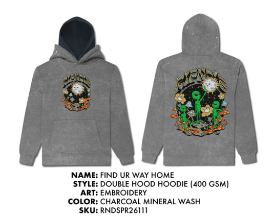 HOODIE CON CAPUCHA DOBLE FIND UR WAY HOME (CHARCOL MINERAL WASH)